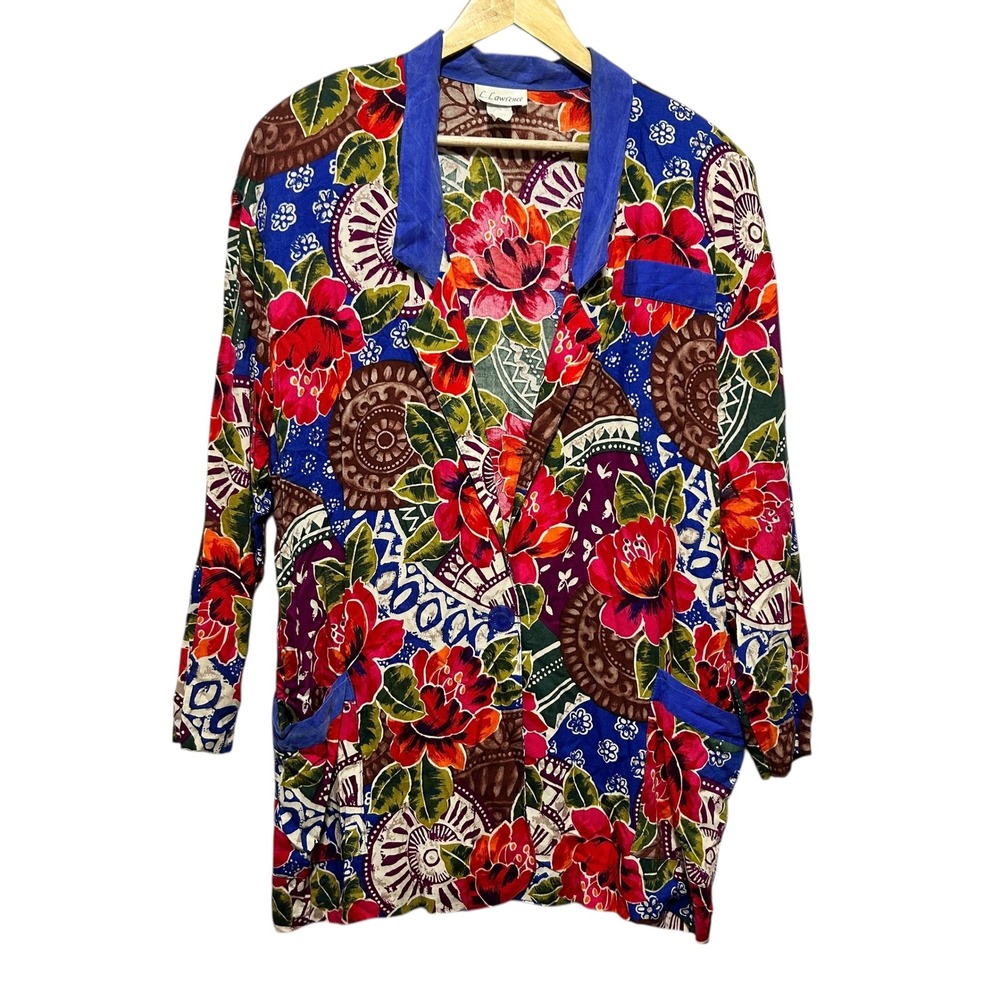VTG Lawrence Women Button Blazer Jacket 2X Multicolor‎ Floral Abstract Artsy